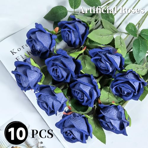 10 PCS Artificial Roses with Long Stems Silk Flowers Realistic Foam Flowers Fake Roses for Valentine's Day Autumn Fall Decor Halloween (Smoke Blue) - color: Smoke Blue