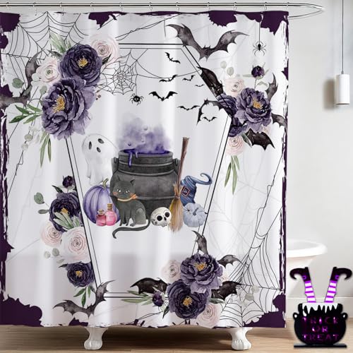 Mocsicka Halloween Shower Curtain Purple Flower Goth Shower Curtain Spooky Floral Halloween Bathroom Decor Retro Vintage Fabric Waterproof Bathroom Curtain Set with 12 Hooks (71x71 inch, Floral)