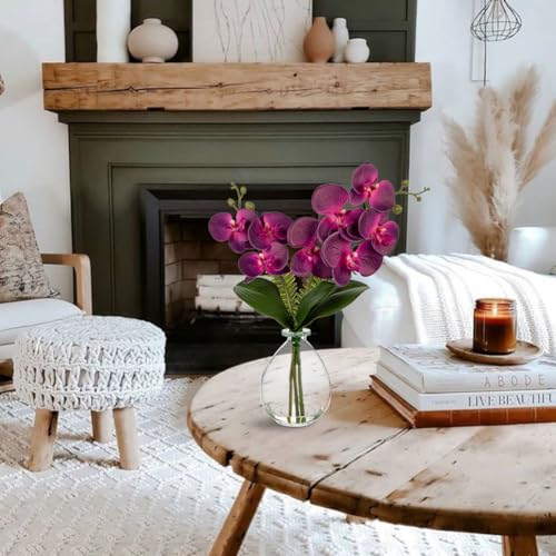 Oairse Purple Orchids Artificial Flowers, Faux Orchid in Glass Vase Real Touch Small Phalaenopsis Orchid Flowers Arrangements with Clear Vase Orchids Centerpiece for Dining Room Table - color: Purple & Clear