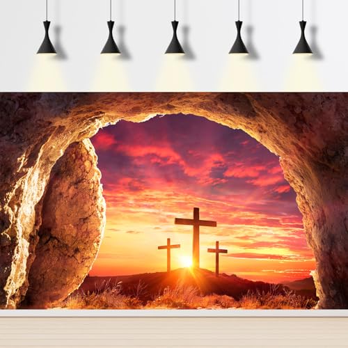 Empty Tomb Backdrop Sunrise Sunset Jesus Christ Crucifixion Resurrection Cave Photography Background Hole Holy Lights Easter Background Three Crosses Christianity Jesus Christ Backgrounds 5x3ft - color: Orange_Red, size: 5x3ft