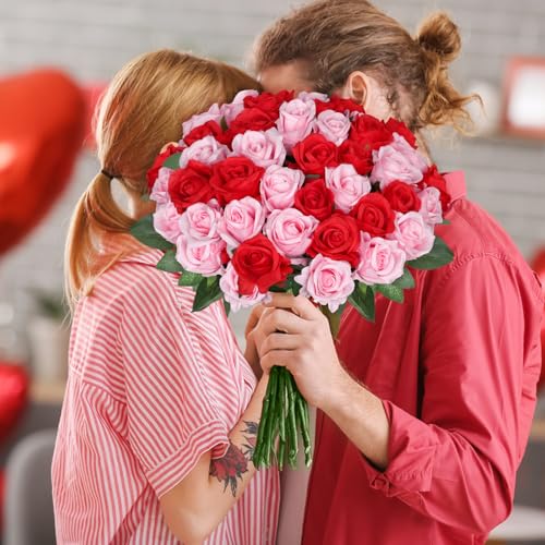 30pcs Red Pink Roses Artificial Flowers, Silk Faux Roses, Realistic Red Flowers for Wedding Centerpieces, Cake, Bridal Bouquets, Home Decor, Anniversary, Valentine's Day Decoration - color: Red + Pink