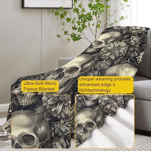Gothic Garden Skull Fleece Blanket Gifts, Dark Floral and Skeleton Design, Soft Throw 60x80 inches, Elegant Home Halloween Decor - Black and White - color: Color445, size: 60"x80"