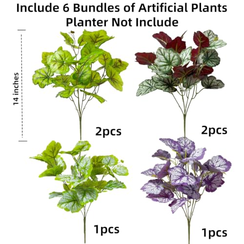 Artificial Plants for Outdoor Porch Planters, Fake Realistic Heuchera Greenery UV Resistant Faux Look Real Silk Shrubs Bushes for Outside Patio Pots Spring Summer Decor, 6 Bundles - color: 4 Mixed Color
