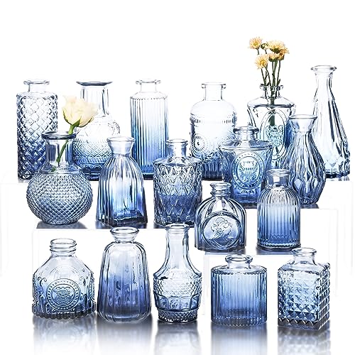 Fixwal Set of 18 Blue Bud Vases for Flowers, Vintage Clear Glass Vases Small Vases for Centerpieces for Home Table Decor Rustic Wedding Decorations - color: Blue, size: 18pcs