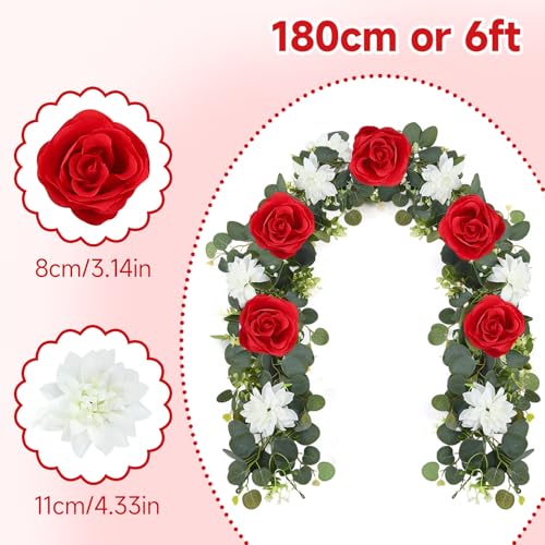 4 Pack Wedding Garland Set, Red Rose & White Dahlia Hanging Flower Vines for Wedding Arch, Backdrop, Mantel, Home Decor (5.91ft) - color: Red White
