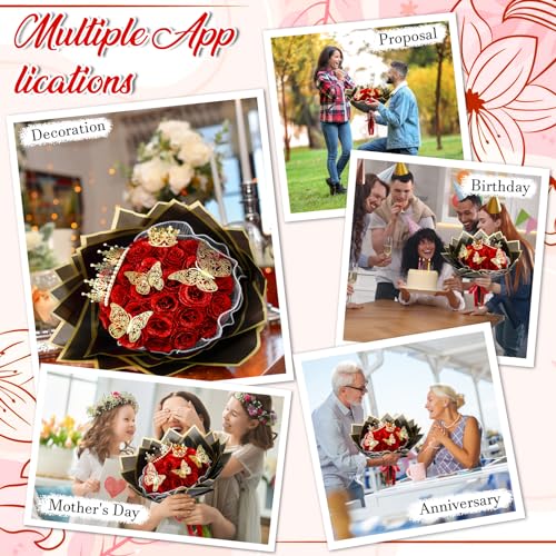 Thiccywoov 36 Pcs Glitter Roses Bouquet Graduation Artificial Rose DIY Flower Bouquet Kit Flower Wrapping Paper 3D Butterflies Crowns for Mom Mother Teacher Birthday (Red) - color: Red