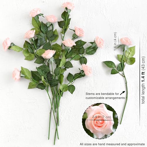 FiveSeasonStuff Real Touch Peach Pink Artificial Rose Stems, 12 Faux Flower Stems for Vase Arrangements, Soft Color Floral Styling - color: Peach Pink