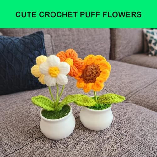 Crochet Artificial Sunflower for Home Office Desk Car, Cute Fake Plants Knitted Flowers Funny Party Decor Gifts - color: Puff Flower