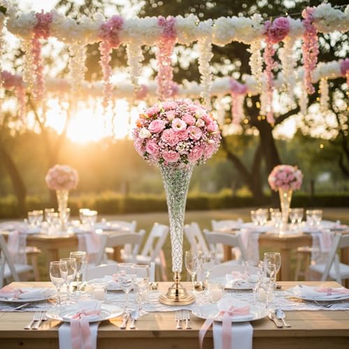 LemonRoad 2 Pcs 32 Inch Tall Gold Crystal Trumpet Vase for Centerpiece Wedding Extra Large Crystal Beaded Flower Vase with Metal Base for Table Floor Party Anniversary Birthday Banquet Celebration