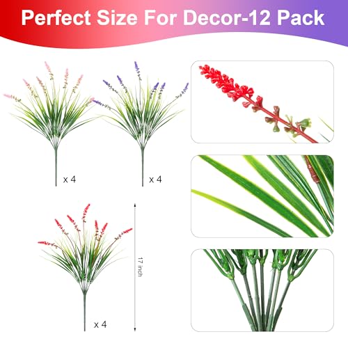 Artificial Faux Plants Flowers for Outdoor Decorations, Fake Monkey Grass for Outside Porch Patio, No Fade Realistic Greenery Plant, UV Resistant Artificial Bush Shrubs for Courtyard Window Garden - color: Red Pueple Pink, size: 12 Pcs
