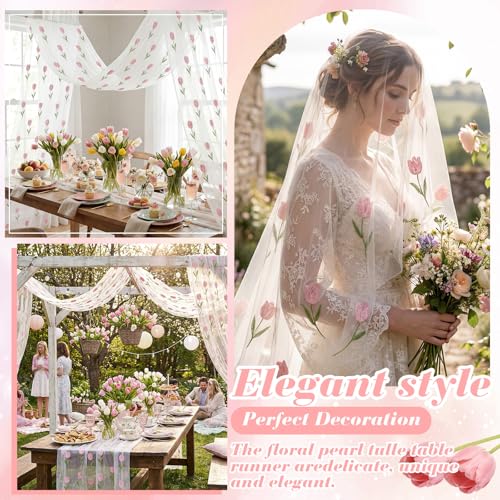 Mindsoft 3 Pcs Pink Floral Tulip Table Runner 10ft Gauze Embroidery Tulip Sheer Floral Tulle Easter Lace Table Runner for Wedding Bridal Baby Shower Holiday Dining Decor DIY - style: Tulip