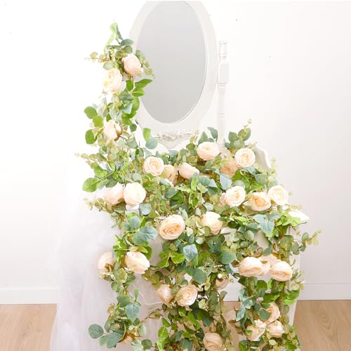 PONKING Flower Garland Artificial Rose Vine Flowers Hanging Fake Roses Vines for Wedding Birthday Party Valentines Christmas Room Wall Arch Decor, 2 Champagne Floral Garland, High Realistic - color: High Realistic Flower Champagne Vines 5.4ft