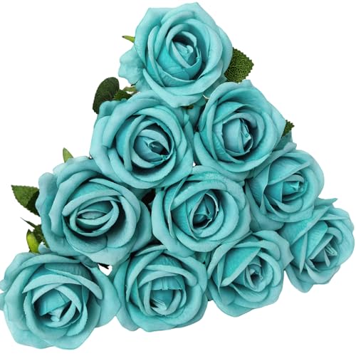 10 PCS Artificial Roses with Long Stems Silk Flowers Realistic Foam Flowers Fake Roses for Valentine's Day Autumn Fall Decor Halloween (Peacock Blue) - color: Peacock Blue