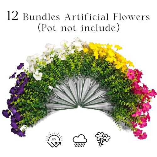 Artificial Flowers for Outdoors Decoration, 12 Bundles Fake Silk Morning Glory with Faux Plastic Eucalyptus UV Resistant for Outside Front Door Porch Planters Patio Garden Decor (MultiColor 1) - color: Multicolor 1