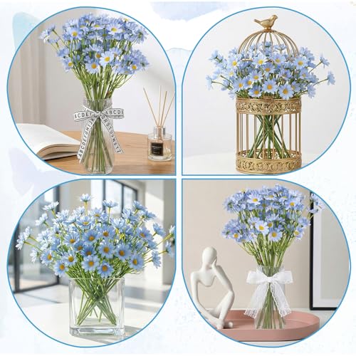 12 Stems Artificial Daisy Flowers 10'' Small Blue Silk Fake Daisies Faux Silk Daisy Flowers with Stems for Home Garden Wedding Party Table Centerpiece Decor(2 Bouquets)