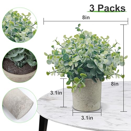 USLAI 3 Pack Fake Plants, 8-Inch Small Potted Eucalyptus Artificial Plants for Home Office Room Shelf Desk Decor