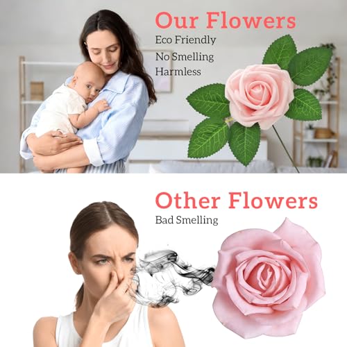25Pcs Artificial Flowers Pink Foam Fake Roses with Stems,for DIY Wedding Bouquets White Bridal Shower Centerpieces Arrangements Party Tables Decorations and Home Decorations - color: Pink