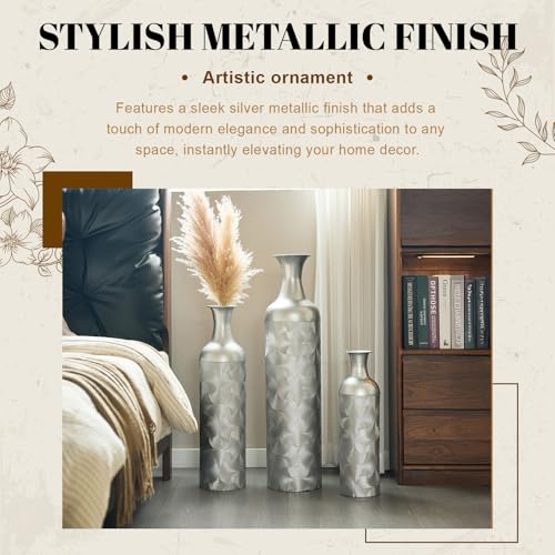 Tall Floor Vases Set of 3 for Decor Living Room Floor, Silver Vases Home Decor, Embossed Body Pattern, 32.68" H/25.98" H/19.69" H Geometric Cylinder (Silver 1) - color: Silver 1
