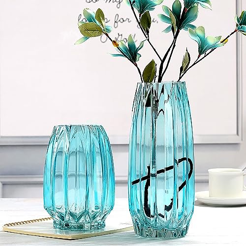 Lucky Bird Modern Ribbed Blue Glass Vase for Flowers, Candles, and Decorative Accents - Tall/Short for Centerpieces and Table Decor (H8.0inch) - color: Blue, size: H-7.87inch