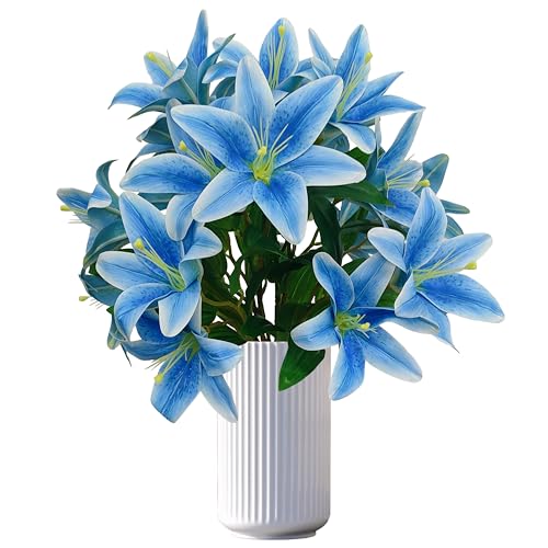 Artificial Blue Lilies Flowers,10Pcs Faux Lily Flower,20''Tiger Lily Branch with 2 Full Blooms, Faux Fake Lilies Plants for Wedding Bouquet Home Party Indoor Floral Arrangements (10, Blue) - color: Blue