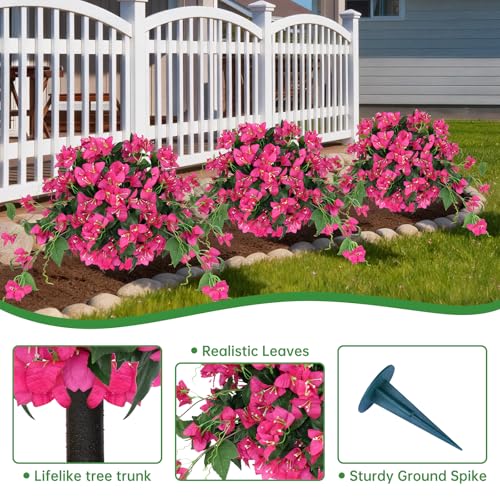 Artificial Bougainvillea Topiary Trees Set of 2, Pink Fake Shrubs Bushes with Ground Spike, Faux Evergreen for Porch Plants, UV Resistant Artificial Flowers for Outdoors Indoor Front Garden - color: Bougainvillea