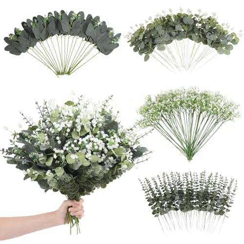 120 Pcs Mixed Artificial Eucalyptus Leaves Stems Bulk,Baby Breath Artificial Flowers Bulk with Eucalyptus Leaves Greenery Stems for DIY Bouquets Wedding Floral Home Decor (Green-120pcs) - color: Green-120pcs
