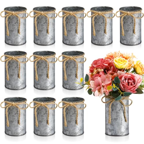 Rustic Vase for Table Centerpieces 4.33 Inch Small Petite Flower Vase with Twine Bow Vintage Farmhouse Decor for Wedding Reception Dining, Home Galvanized Metal Buckets(Iron Color,12 Pcs) - color: Iron Color