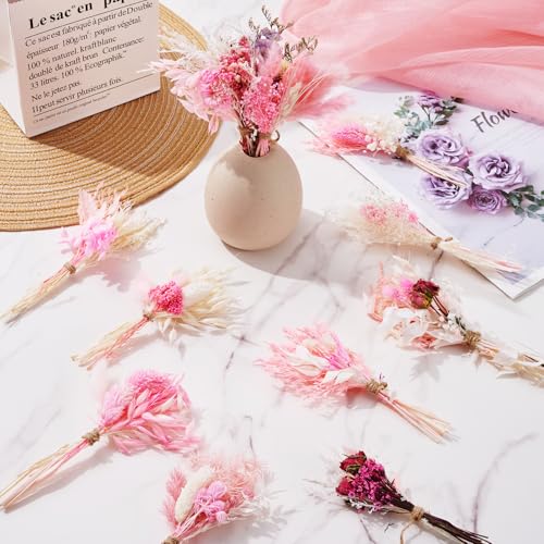 12/24 PCS Charming Dried Flowers Bouquet for Vase Various Dried Wildflowers with Stems Mini Handmade Wildflowers Natural Real Flowers Bulk Flowers Craft (Pink, 12 PCS) - color: Pink