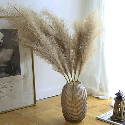 38" 10 Stems Faux Pampas Grass Decor - Tall Pampas Grass for Floor Vase Fluffy Artificial Pampas Grass for Boho Home Wedding Mothers Day Decoration（Brown） - color: A-brown