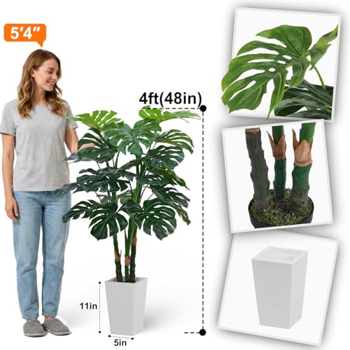 Aveyas 4ft Tall Artificial Monstera Deliciosa Plants, 4 Feet Faux Swiss Cheese Plants Fake Silk Tree with Pot for Indoor Outdoor Office House Living Room Home Decor (4 ft Tall Including Raised Pot) - color: Monstera Tree (4)