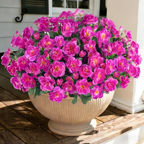Ivydale Artificial Faux Outdoor Flowers Plants for Outside Spring Decoration, Fake Silk Fuchsia Camellia UV Resistant Realistic for Planter Porch Patio Balcony Garden Home, 3 Large Bundles - color: Purple