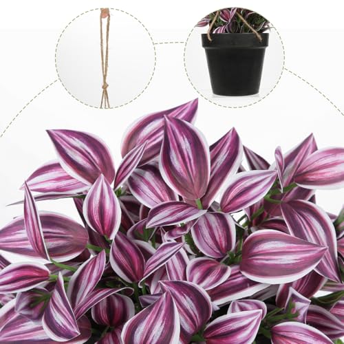 Briful Fake Hanging Plants 17.7" Faux Watermelon Peperomia Silk Plants with Black Pot Artificial Hanging Greenery for Home Garden Balcony Front Porch Outdoor Decor - color: Purple