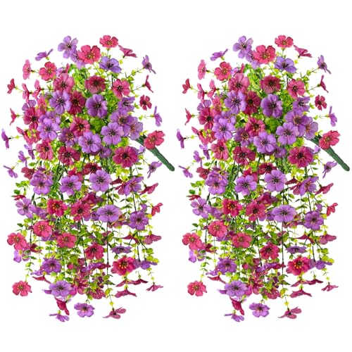 INQCMY 2Pcs Artificial Fake Hanging Flowers for Outdoors UV Resistant Artificial Plants for Spring Summer Decor Look Real Faux Flowers for Outside Home Planter Porch Patio Decor - color: Purple Red