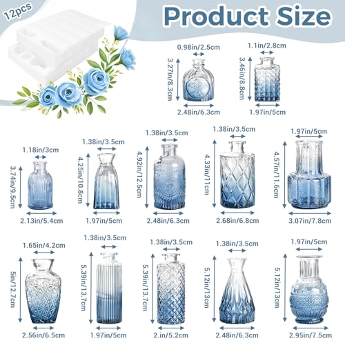 Babenest 12pcs Blue Small Bud Vase Set, Mini Gradient Glass Flower Vases in Bulk, Decorations Vintage Little Vase for Rustic Wedding Party Home Office Recepetion Centerpieces Table Decor - color: Blue, size: 12pcs