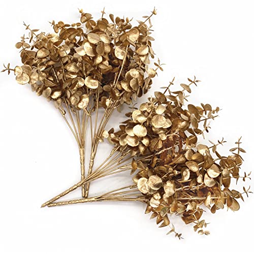CATTREE Artificial Golden Eucalyptus Decorations, Fake Gold Plants Shrubs Faux Simulation Foliage for Wedding Party Indoor Hotel Hall Table Centerpieces Christmas DIY Decor Planting Filler - 4 Pack - color: Gold Eucalyptus -4 Pcs