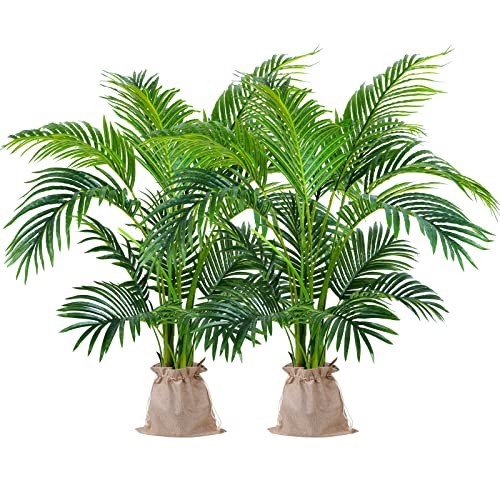 Worth Garden 4ft Artificial Areca Palm Plant 2 Packs in Pot, Fake Cane Palm Silk Tree Indoor Outdoor, Dypsis Lutescens, 47in Lifelike Faux Silk Plant Home Decor, Two Linen Bags Included - size: 2-PACK
