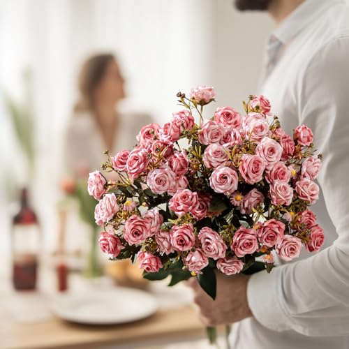 Artificial Rose Flowers for Outdoor 4 Bundles Rose Bouquet with Daisy Faux Flowers UV Resistant for Home Indoor Outside Garden Porch Window Box Balcony Yard Porch Fall Decor (Pink) - color: Pink