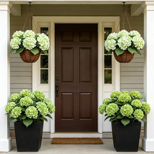LFF 3Pcs Light Green Hydrangea Artificial Flowers, 8.66" Large Real-Touch Latex Blooms with 22" Long Stems, Faux Hydrangea for Outdoor Planter Indoor Home Table Centerpieces Wedding Decor Bouquets - color: Light Green