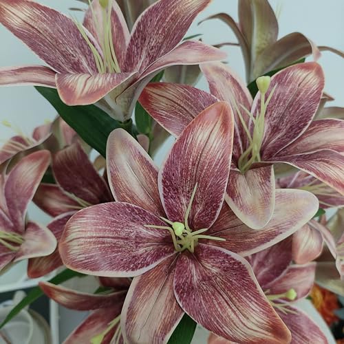 Brown Lilies Artificial Flowers,6 Pcs Faux Lily Flowers,23 Inch Long Stem Tiger Lily Branch with 3 Full Blooms and 4 Leaves, Latex Real Touch Lilium Flower for Wedding Bouquet - color: Brown