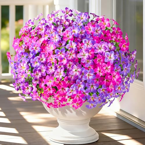 MARTINE MALL 12 Bundles Look Real Artificial Flowers for Outdoors, Realistic Fake Outdoor Flowers, UV Resistant Silk Petunia Flowers for Outside Faux Flowers for Outdoor, Fuchsia & Purple & Rose Red - color: Fuchsia & Purple & Rose Red, size: 12 Bundles
