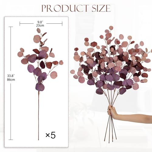 Maroon Eucalyptus Stems Fake Eucalyptus Leaves 34” Long Silver Dollar Leaves 5 Pcs Silk Eucalyptus Stems for DIY Bouquet Arrangements Centerpieces Shower Decorations-Artificial Eucalyptus Spray - color: Maroon