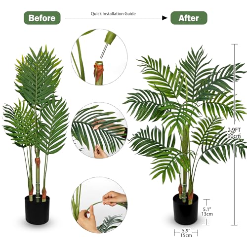 Hollyone Fake Palm Tree Decor 3FT with Planter Artificial Palm Tree Faux Tropical Areca Floor Plant in Pot with 3 Textured Trunks Silk Plant for Home Garden Outdoor Indoor Office Decor - color: 3ft