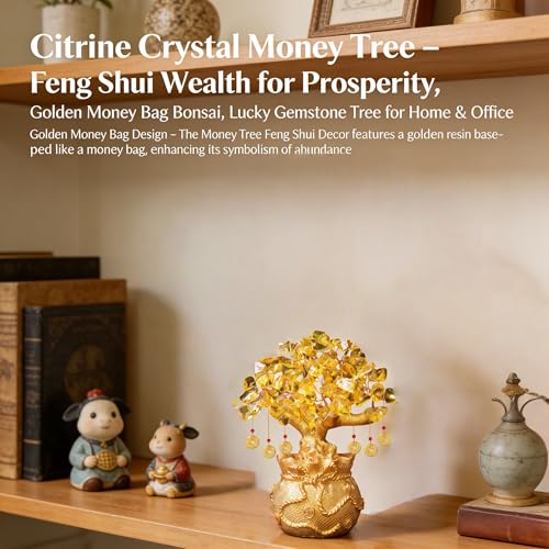 Artificial Citrine Money Tree Bonsai Feng Shui Crystal Tree for Home Office Decor, Lucky Indoor Ornament with Wealth Symbolism
