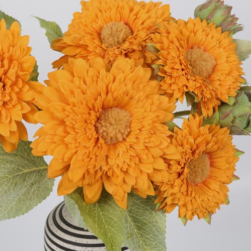IPOPU Artificial Sunflower Bouquet with Long Stems Fake Sunflowers Silk Flowers with 5 Heads Faux Sunflower Bouquet for Wedding Party Home Office Decoration Dining Table Centerpiece (Orange1Bunches) - color: Orange Yellow