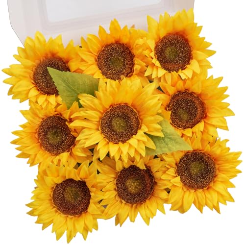 TINGE TIME 9 pcs Sunflowers Artificial Flowers, 6'' Silk Fake Sunflowers with Stems, Yellow Faux Sunflowers for DIY Outdoors Decor Home Decor Tables Centerpieces - color: Yellow