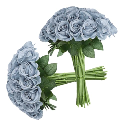 JUSMAI 30pcs Roses Artificial Flowers Dusty Blue Silk Roses with Long Stems Fake Flowers for Wedding Bouquet Centerpices Decorations Party Bridal Baby Shower Home Decor - color: Dusty Blue, size: 30PCS