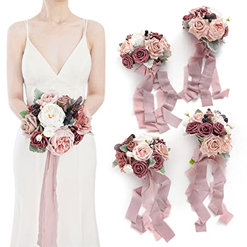 Ling's moment Artificial Bridesmaid Bouquets Set of 4,Dusty Rose Wedding Flower Bouquets Mauve Floral Bouquet Bridal Bouquets with Ribbon,Ceremony,Anniversary,7-inch Diameter - color: Pk-dusty Rose & Mauve