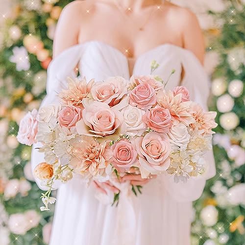 FACINOC Roses Artificial Flowers Peach Bouquet Box Set Fake Flower for DIY Bridal Wedding Shower Decorations Table Centerpieces Faux Silk Floral Arrangement for Party Home Decor Indoor Pink - color: P (Peach, Pink)