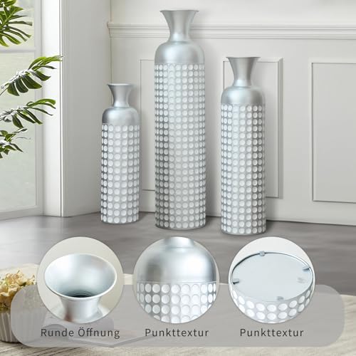 Tall Floor Vases Set of 3 for Decor Living Room Floor, White Vases Home Decor, Embossed Body Pattern, Geometric Cylinder (Silver 2) - color: Silver 2