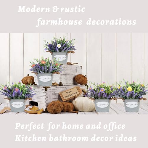 Artificial Lavender Plant 10" Purple Flowers in Galvanized Pot - Fake Potted Plant for Home Decor, Farmhouse Living Room, Bedroom, Bathroom, Coffee Table - color: Lavender Flower With Red Daisy